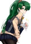  blush commentary fire_emblem fire_emblem:_rekka_no_ken green_eyes green_hair high_ponytail highres long_hair looking_at_viewer lyndis_(fire_emblem) neckerchief open_mouth ormille pantyhose pleated_skirt ponytail school_uniform serafuku simple_background skirt smile solo test v very_long_hair 