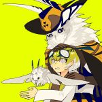 2boys animal antennae arthropod_boy black_eyes blue_eyes brown_gloves bug coat colored_skin cowboy cowboy_hat eda extra_arms extra_pupils gloves green_background green_hair grey_eyes hands_on_another&#039;s_head hands_on_another&#039;s_shoulders hat hawk_moth looking_at_another male_focus monster_boy moth moth_antennae moth_boy multiple_boys neck_fur original oversized_animal poncho short_hair simple_background upper_body white_coat white_hair white_skin yellow_poncho 