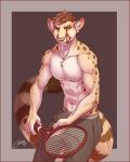  2018 5_fingers abs anthro athletic brown_background brown_hair brown_skin clothed clothing feralise genet hair holding_object licking licking_lips looking_aside male mammal multicolored_skin muscular muscular_male orange_eyes pants pink_nose simple_background solo spots standing tan_skin tennis tongue tongue_out topless two_tone_skin viverrid whiskers white_skin 