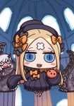  abigail_williams_(fate/grand_order) april_fools bandaid_on_forehead black_bow black_dress black_hat blonde_hair blue_eyes blush blush_stickers bow chibi dress fate/grand_order fate_(series) floating grey_hair hair_bow hat highres holding holding_stuffed_animal horn lavinia_whateley_(fate/grand_order) multiple_girls no_nose official_art open_mouth orange_bow pink_eyes ribbed_dress riyo_(lyomsnpmp) sharp_teeth sleeves_past_fingers sleeves_past_wrists stuffed_animal stuffed_toy sweat teddy_bear teeth tentacles 