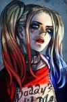  batman_(series) blonde_hair clothes_writing collar facepaint gradient_hair hankuri harley_quinn jacket jewelry light_smile lipstick looking_at_viewer makeup multicolored multicolored_clothes multicolored_hair pale_skin parted_lips red_lipstick shirt smile solo twintails upper_body 