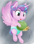  2017 diaper english_text equine feathered_wings feathers female feral flurry_heart_(mlp) friendship_is_magic hair hi_res horn mammal multicolored_hair my_little_pony open_mouth silfoe smile solo spread_wings text toy winged_unicorn wings young 
