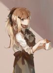  apron bangs black_bow black_ribbon blonde_hair blue_eyes bow braid closed_mouth cup eyebrows_visible_through_hair from_side g36_(girls_frontline) girls_frontline hair_between_eyes hair_bow hair_ribbon holding holding_cup long_hair looking_at_viewer mug ponytail ribbon shade shirt shuzi side_braid sidelocks sleeves_past_elbows solo waitress white_shirt 