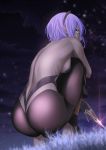  ass back backless_outfit bare_back bare_shoulders barefoot black_hairband black_legwear black_leotard blurry blurry_foreground breasts cloud commentary_request dark_skin depth_of_field fate_(series) from_behind full_body glint grass hairband hassan_of_serenity_(fate) highres holding holding_weapon knees_up kunai leotard light_particles looking_at_viewer looking_back night night_sky pantyhose profile purple_eyes purple_hair shiny shiny_hair sideboob skin_tight sky small_breasts smile solo squatting stirrup_legwear tawagoto_dukai_no_deshi toeless_legwear weapon 