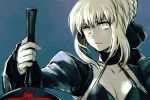  artoria_pendragon_(all) black_bra blonde_hair blue_background bra braid closed_mouth collar dark_excalibur fate/stay_night fate_(series) hair_bun halterneck hankuri holding holding_sword holding_weapon juliet_sleeves long_sleeves looking_at_viewer puffy_sleeves saber_alter short_hair simple_background solo sword underwear upper_body weapon yellow_eyes 