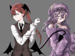  adjusting_clothes alternate_costume alternate_hairstyle bespectacled black_neckwear black_wings closed_eyes collared_shirt crescent crescent_moon_pin demon_tail glasses gloves grey_background hair_between_eyes hands_up hat head_wings highres koakuma long_hair looking_away low_wings mob_cap multiple_girls necktie off-shoulder_sweater patchouli_knowledge ponytail purple_hair purple_hat purple_sweater red_eyes red_hair ribbed_sweater shirt simple_background sleeves_past_wrists sweater tail touhou trap_(drthumt) upper_body vest white_gloves white_shirt wing_collar wings 