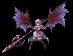  absurdres bat_wings black black_background commentary_request finger_to_mouth floating flying hat highres holding holding_weapon kushidama_minaka pointy_ears remilia_scarlet smile solo the_embodiment_of_scarlet_devil touhou weapon wings 