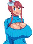  1girl blue_eyes blush fuuro_(pokemon) meme_attire open-chest_sweater pokemon pokemon_(game) pokemon_bw red_hair senwamu sweater 