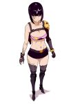  black_hair bra breasts closed_mouth commentary english_commentary fingerless_gloves full_body gloves grey_gloves large_breasts materclaws miniskirt navel original short_hair simple_background skirt solo thighhighs underwear white_background yellow_eyes 