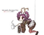  1girl antenna chibi cup entoma_vasilissa_zeta insect_girl kimono maid meme monster_girl overlord_(maruyama) purple_hair red_eyes 