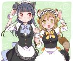  :d :t alternate_costume animal_ears apron bangs blue_hair blue_neckwear blunt_bangs blush border bow bowtie brown_hair cat_ears commentary_request dress enmaided flying_sweatdrops frilled_apron frilled_hairband frills green_background hair_bow hair_ribbon hairband hand_on_ear headdress heart holding_hands izumi_kirifu kunikida_hanamaru lolita_hairband looking_at_another looking_at_viewer love_live! love_live!_sunshine!! maid multiple_girls open_mouth pinching raccoon_ears raccoon_tail ribbon sash side_bun smile spoken_blush spoken_heart sweatdrop tail tsushima_yoshiko vest waist_apron white_border white_ribbon wrist_cuffs yellow_bow yellow_eyes yellow_neckwear 