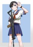  absurdres assault_rifle black_hair blue_eyes commentary_request gun hair_bun highres millimeter rifle school_uniform serafuku sg550_(upotte!!) short_hair sig_550 sig_sauer simple_background smile solo uniform upotte!! waving weapon 