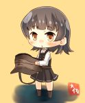  arare_(kantai_collection) artist_name black_dress black_hair brown_eyes dress hat hat_removed headwear_removed holding holding_hat kantai_collection long_sleeves pinafore_dress remodel_(kantai_collection) shirt short_hair solo taisa_(kari) white_shirt 