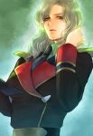  1girl blonde_hair char&#039;s_counterattack commentary_request green_eyes gundam hand_in_own_hair highres long_hair looking_at_viewer military_uniform nanai_miguel necktie neo_zeon portrait science_fiction serious takeda_yuuko upper_body 