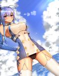  azur_lane bangs black_panties blue_hair blue_sky breasts cloud cloudy_sky day dutch_angle eyebrows_visible_through_hair hair_between_eyes highres horizon large_breasts ocean outdoors panties purple_eyes sky solo st._louis_(azur_lane) thighhighs underwear water white_legwear 