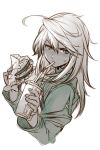  ahoge blush commentary food greyscale guilty_gear guilty_gear_xrd hair_between_eyes hamburger hankuri holding holding_food jacket long_hair long_sleeves looking_at_viewer monochrome ramlethal_valentine simple_background sipping solo sweatdrop upper_body white_background 