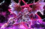  bat_wings commentary_request finger_to_mouth floating flying hat highres holding holding_weapon kushidama_minaka pointy_ears remilia_scarlet smile solo the_embodiment_of_scarlet_devil touhou weapon wings 