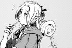  backpack bag bangs blush braid commentary_request dungeon_meshi eating elf from_side greyscale hand_up hankuri holding long_hair marcille monochrome notice_lines parted_bangs pointy_ears polka_dot polka_dot_background robe solo wide-eyed 