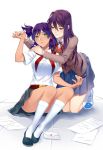  2girls belt blue_skirt breasts crossover doki_doki_literature_club envelope everlasting_summer eye_contact green_eyes hair_ornament hairpin half-closed_eyes hand_on_another&#039;s_shoulder kneeling long_hair miniskirt multiple_girls paper pen purple_eyes purple_hair red_ribbon ribbon school_uniform shirt shoes short_hair sitting skirt smile twintails uniform unyl-chan vest white_background white_shirt yuri yuri_(doki_doki_literature_club) 