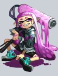  bangs between_legs bike_shorts blunt_bangs grey_background grin hand_between_legs hankuri holding hood hood_down hooded_jacket inkling jacket long_hair looking_at_viewer paint_roller paint_splatter pointy_ears purple_eyes purple_hair shoes simple_background sitting smile sneakers solo splat_roller_(splatoon) splatoon_(series) splatoon_1 tentacle_hair 