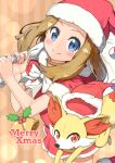  1girl absurdres blue_eyes brown_hair carrying_over_shoulder christmas dress fennekin hat highres holding holding_sack long_hair looking_at_viewer merry_christmas negimiso1989 pokemon pokemon_xy sack santa_costume santa_dress santa_hat serena_(pokemon) smile striped_background 