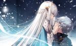  1girl anastasia_(fate/grand_order) blue_eyes cape doll earrings fate/grand_order fate_(series) grey_hair hand_on_another's_face headband jewelry kadoc_zemlupus long_hair necomi signature snow very_long_hair white_hair wind yellow_eyes 