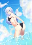  ashita_no_sakuya ass bare_shoulders bikini black_bikini black_heart blue_eyes breasts day from_behind leaning_forward long_hair looking_at_viewer looking_back medium_breasts neptune_(series) outdoors power_symbol silver_hair solo standing swimsuit symbol-shaped_pupils wading 