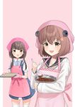  2girls apron bandana blue_dress blue_sailor_collar bowl braid brown_eyes brown_hair chocolate collared_shirt commentary diagonal-striped_clothes diagonal-striped_necktie dress dress_shirt gradient_background grey_neckerchief grey_sailor_collar headgear highres kantai_collection multiple_girls neckerchief necktie outside_border oven_mitts pink_apron pink_background pink_bandana sailor_collar sailor_dress shirt short_hair short_hair_with_long_locks side_braids spatula speaking_tube_headset striped_clothes striped_necktie thighhighs two-tone_background ukuru_(kancolle) white_dress white_shirt white_thighhighs yuki_4040 yukikaze_(kancolle) yukikaze_kai_ni_(kancolle) 