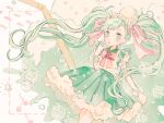  1girl :o aqua_eyes aqua_hair bow bracelet_bow bubble drinking_straw food frilled_sleeves frills green_shirt green_skirt ice ice_cream ice_cube long_hair looking_at_viewer original pink_bow ryokuno_green shirt simple_background skirt solo standing twintails upper_body vest white_background white_bow white_vest 