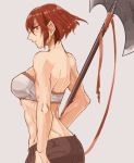  armor ass axe bra fire_emblem fire_emblem:_monshou_no_nazo gloves headband looking_at_viewer minerva_(fire_emblem) muscle red_armor red_eyes red_hair short_hair simple_background solo tnmrdgr underwear 