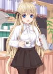  :d animal_ears bangs black_legwear black_ribbon black_skirt blonde_hair blue_eyes blush cat_ears cat_girl cat_tail coffee_beans commentary_request cowboy_shot cup dress_shirt eyebrows_visible_through_hair hair_ribbon holding holding_cup indoors long_hair looking_at_viewer open_mouth original pantyhose pleated_skirt ribbon shirt skirt smile solo tail teacup tsukino_neru very_long_hair white_shirt 