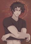  1o8k brown_eyes brown_hair devilman devilman_crybaby fudou_akira grin halo looking_at_viewer male_focus muscle navel shirt short_hair simple_background smile solo t-shirt tumblr_username undressing upper_body watermark web_address 