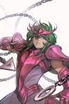 androgynous andromeda_shun blue_eyes breastplate chain fingerless_gloves gauntlets gloves green_hair grey_background hair_between_eyes hand_up hankuri looking_at_viewer male_focus parted_lips pauldrons saint_seiya solo upper_body 