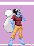 2017 4_toes 5_fingers anthro barefoot black_hair black_nose black_sclera blue_fur canine cel_shading claws clothed clothing dipstick_ears dipstick_tail drinking fox fully_clothed fur hair hand_on_hip hi_res holding_object jaeh male mammal multicolored_tail pants purple_background raised_tail shirt short_hair simple_background solo standing straw t-shirt toes white_fur 