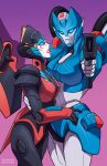  2girls absurdres airplane_wing autobot blue_eyes breasts chromia glowing glowing_eyes gun handgun helmet highres hug humanoid_robot mechanical_wings medium_breasts metal_skin multiple_girls red_lips robot robot_girl shenani the_transformers_(idw) transformers weapon wheel windblade wings 