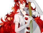  androgynous bad_id bad_pixiv_id commentary crystal_hair elbow_gloves gem_uniform_(houseki_no_kuni) gloves hair_between_eyes hiiragi_mina holding holding_sword holding_weapon houseki_no_kuni long_hair looking_at_viewer open_clothes open_shirt padparadscha_(houseki_no_kuni) parted_lips red_eyes red_hair shirt sparkle sword upper_body very_long_hair weapon white_shirt 
