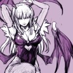  animal_print armpits bangs bat_print blunt_bangs breasts bridal_gauntlets cleavage_cutout closed_mouth commentary elbow_gloves gloves hands_up hankuri head_wings highleg highleg_leotard large_breasts leotard long_hair low_wings monochrome morrigan_aensland pantyhose print_legwear purple purple_background simple_background smile solo standing vampire_(game) wings 