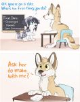  2017 aseethe australian_shepherd brown_fur canine chalk chalkboard chibi class comic dating_tips desk dialogue dog duo feral fur futurama green_eyes grey_fur grey_spots humor mammal marleau notes open_mouth pencil_(object) pink_tongue sitting spots tan_fur tongue vivi_(aseethe) white_fur wolf yellow_eyes 