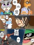  3:4 absurd_res alley anthro beagle_boys brown_eyes brown_hair canid canine clothing coat comic crossover dialogue diane_foxington disney dreamworks ducktales ducktales_(2017) duke_weaselton english_text eye_patch eyewear female fox fur glasses grey_body grey_fur group hair hat headgear headwear hi_res human judy_hopps kerchief lagomorph leporid looking_at_viewer male mammal mustelid musteline necktie open_mouth orange_body orange_fur page_number pink_nose police police_uniform purple_eyes rabbit rcblackdie rcblackdie_(character) scar smile speech_bubble suit text the_bad_guys title topwear true_musteline uniform weasel zootopia 