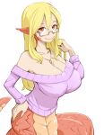  bare_shoulders blonde_hair breasts closed_mouth fingernails glasses hair_between_eyes hand_in_hair hand_on_hip hand_up huge_breasts jewelry lamia long_hair long_sleeves looking_at_viewer materclaws monster_girl necklace no_nose off_shoulder original pointy_ears purple_sweater red_eyes semi-rimless_eyewear simple_background smile solo sweater under-rim_eyewear white_background 