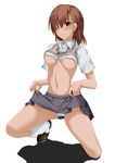  blush breasts brown_eyes brown_hair covered_nipples kneeling medium_breasts merusen@aki misaka_mikoto no_bra one_eye_closed panties school_uniform shadow shirt_lift short_hair skirt skirt_lift socks solo sweat sweater_vest tears to_aru_kagaku_no_railgun to_aru_majutsu_no_index underboob underwear white_panties 