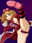  ass blue_eyes blush bow breasts brown_hair covered_nipples drill_hair gaap hands hat huge_breasts kicking legs maebari mameshiba partially_visible_vulva pink_bow revealing_clothes sideboob socks solo striped striped_legwear umineko_no_naku_koro_ni 