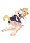  1girl absurdres animal_ear_fluff animal_ears barefoot black_skirt black_vest blonde_hair blush bow cat_ears cat_girl cat_tail commentary_request fang frilled_skirt frills highres kemonomimi_mode kirisame_marisa long_hair looking_back no_headwear open_mouth puffy_short_sleeves puffy_sleeves seika_okawari short_sleeves simple_background skin_fang skirt sleeve_bow soles solo tail tearing_up tears toes touhou vest white_background yellow_bow 