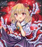  1girl :d arm_up ascot black_dress blonde_hair blush commentary_request cowboy_shot dress embellished_costume flower hair_between_eyes hair_flower hair_ornament hair_ribbon looking_at_viewer marker_(medium) open_mouth puffy_short_sleeves puffy_sleeves red_ascot red_eyes red_flower ribbon rui_(sugar3) rumia sample_watermark shirt short_hair short_sleeves skirt_hold smile solo touhou traditional_media watermark white_shirt yellow_flower 