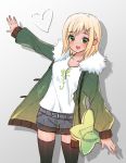  :d arm_up bag bangs black_hair blonde_hair blush collarbone commentary english_commentary eyebrows_visible_through_hair fur-trimmed_jacket fur_trim green_eyes green_jacket grey_shorts hair_ornament hairclip heart jacket long_sleeves natsumii_chan open_mouth original shirt short_hair short_shorts shorts shoulder_bag sleeves_past_wrists smile solo star thighhighs upper_teeth white_shirt 