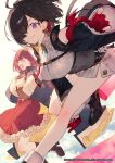  2girls atelier_(series) atelier_sophie atelier_yumia black_hair black_jacket boots brown_boots clothing_cutout corset fingerless_gloves gloves hair_over_one_eye jacket looking_at_viewer multiple_girls noco_(adamas) official_art open_mouth red_gloves red_hair red_skirt red_streaks second-party_source short_hair shoulder_cutout skirt smile sophie_neuenmuller stuffed_toy white_skirt yumia_liessfeldt 