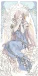  art_nouveau artist_name bare_shoulders blue_dress brown_hair cape closed_eyes commentary_request dress earrings elbow_gloves floral_background flower full_body gloves granblue_fantasy hair_ornament hand_on_own_face hands_together herzeloyde_(granblue_fantasy) highres invisible_chair jewelry kazzu long_hair muted_color pantyhose sitting smile solo white_gloves 