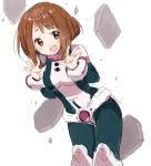  :d belt blush bodysuit boku_no_hero_academia breasts brown_eyes brown_hair commentary cowboy_shot english_commentary eyebrows_visible_through_hair hands_up leaning_forward looking_at_viewer medium_breasts mochii open_mouth short_hair smile solo standing uraraka_ochako 