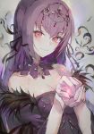  bangs bare_shoulders closed_mouth cupping_hands dress eyebrows_visible_through_hair fate/grand_order fate_(series) hair_between_eyes headpiece highres hong jewelry long_hair looking_at_viewer purple_dress purple_hair red_eyes scathach_(fate)_(all) scathach_skadi_(fate/grand_order) sketch smile solo tiara upper_body 