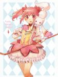  :3 absurdres argyle argyle_background bow bow_(weapon) bubble_skirt commentary copyright_name english_commentary eyebrows_visible_through_hair gloves hair_bow highres holding kaname_madoka kyubey looking_at_viewer magical_girl mahou_shoujo_madoka_magica mochii pink_eyes pink_hair red_bow short_hair signature skirt solo standing twintails weapon white_gloves wide-eyed 